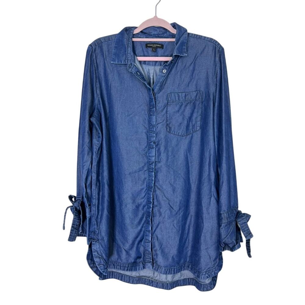 Banana‎ Republic Dark Blue Wash Long Sleeve Button Up Tie Wrist Denim Top Size L